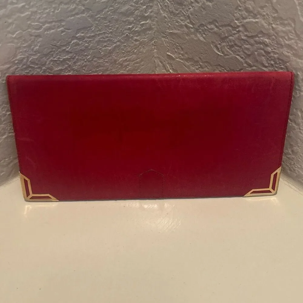Vintage YSL Bifold Long Wallet Red Leather Gold Accent Sleek Iconic Bold Luxury